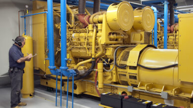 Maintenance contractor checking diesel generators